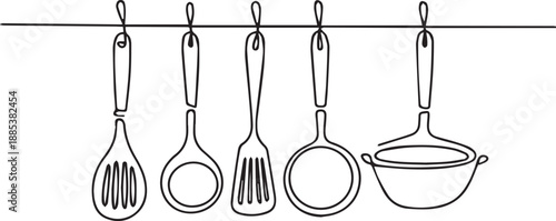 Kitchen utensils hanging from a rack, viewed from the front, showcasing various cooking tools in a simple line drawing style