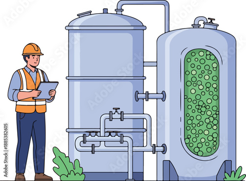 Industrial engineer inspecting large equipment tanks with pipes and green components in a manufacturing facility