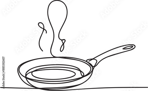 A continuous line drawing of a hot frying pan with steam rising from it on a simple background