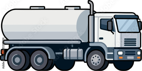 Cute flat cartoon white tanker truck side view simple bold lines gray tones minimal vector illustration isolated