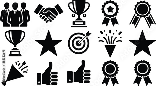 A collection of black success and achievement themed icons including trophies, stars, and business symbols