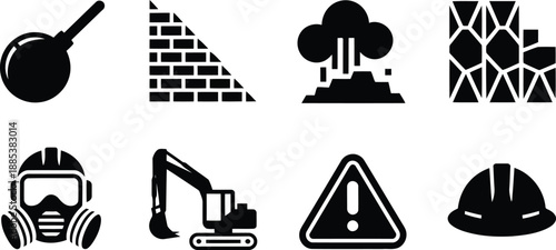 A collection of construction and demolition elements including safety gear and heavy machinery icons
