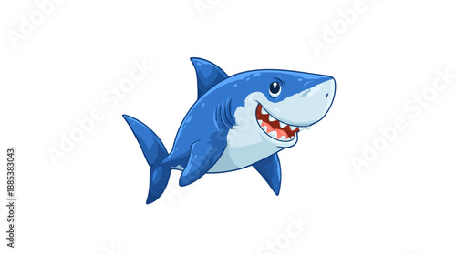A smiling, cartoon shark illustration, rendered in vibrant blue with sharp teeth. It is set against white