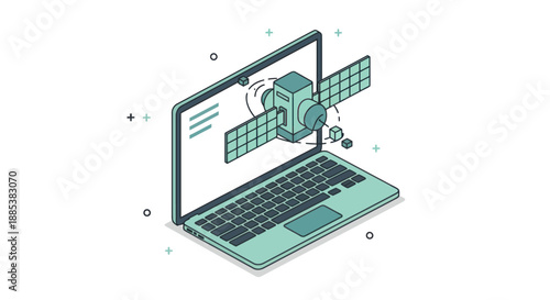 Isometric illustration of a satellite projecting from a laptop screen