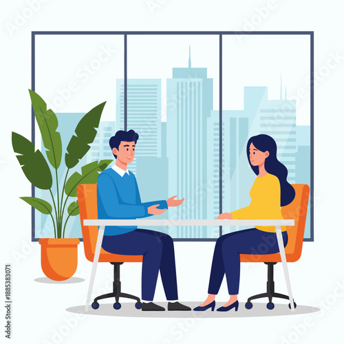 Vector illustration of a man and woman in a business meeting at a table with a cityscape view 246.eps