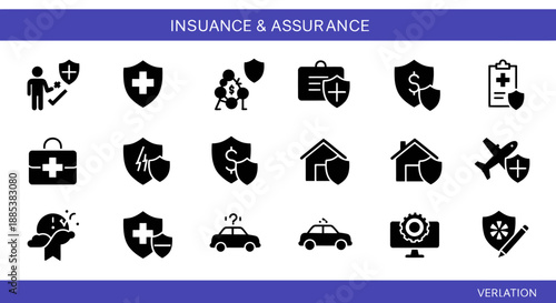 Insurance and assurance icon set in black silhouette organized in three rows of five icons each against a white background with a dark blue header