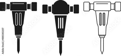 Jackhammer tool silhouette set showing pneumatic demolition equipment, construction and roadwork machinery concepts, black and white vector illustration isolated on white background for industrial 