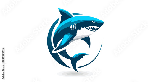 A stylized blue shark illustration, diving through a curved line, set against a white backdrop