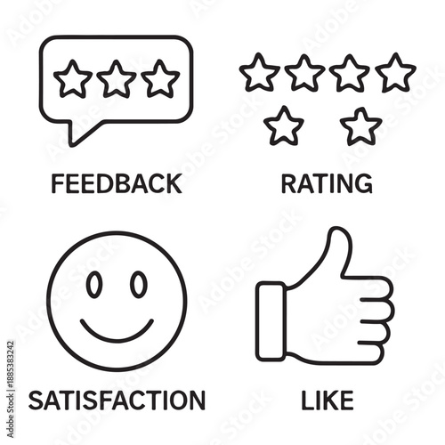 Review Icon Set – Feedback, Rating, Satisfaction and Like Symbols Vector Illustration