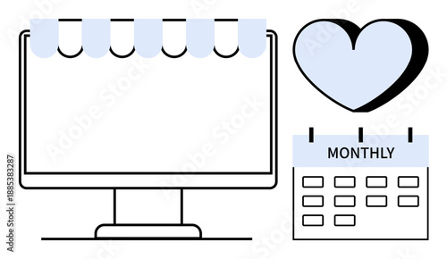Time management, organization tools, work productivity, work-life balance, scheduling, digital planning. Computer screen, heart calendar. Time management and organization tools concept