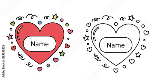Cute heart shaped name badge vector illustration set with colorful and outline style featuring stars and confetti decoration for stickers or coloring