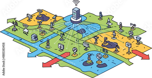 Automated Whisk System Illustration Featuring Animals and Technology in a Futuristic Landscape View