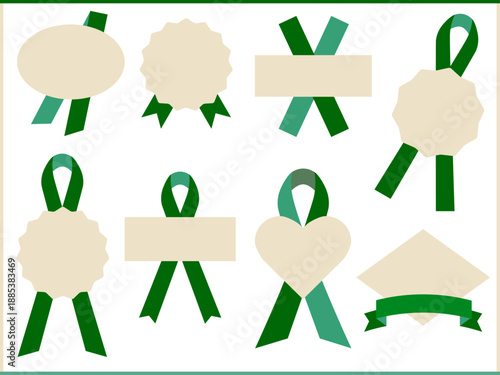 シンプルなリボンとシールのセット 緑色リボンとクラフト調ラベル ベクター素材
