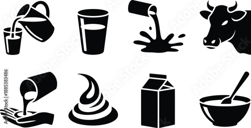 A collection of eight black silhouette icons representing milk, dairy, and food preparation