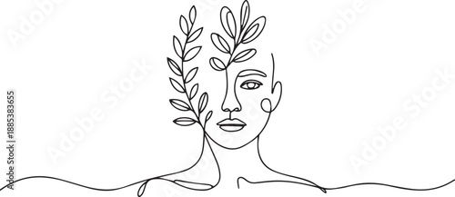 Serene woman with leaves around her face in a simple line art illustration