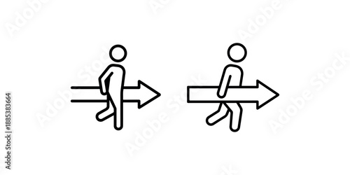 Man carrying large arrow icon set vector illustration forward direction symbol people moving progress or next step pictogram elements outline design isolated