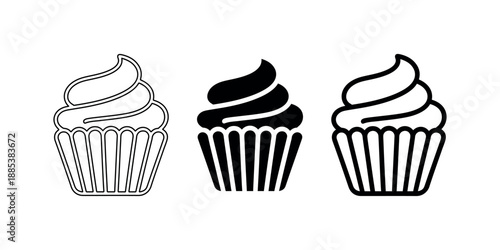 Cupcake dessert icon set vector illustration outline and solid fill styles sweet food symbol baking item with cream topping or frosting elements isolated on white background