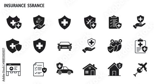 Grid of black and white insurancerelated icons depicting shields vehicles documents and property