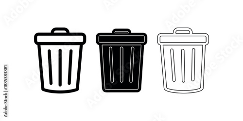 Trash bin icon set in outline and solid style representing waste management recycling and garbage disposal container symbols for UI design and graphics