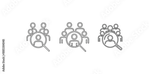 Magnifying glass over people icon set showing human resource search and recruitment concepts with thin line vector graphics for business hiring process