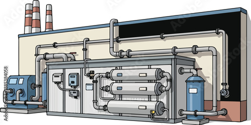 Industrial machinery operates inside a factory with pipes and valves connected