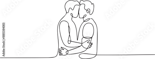 Couple Sitting Together Embracing, Simple Line Art Illustration