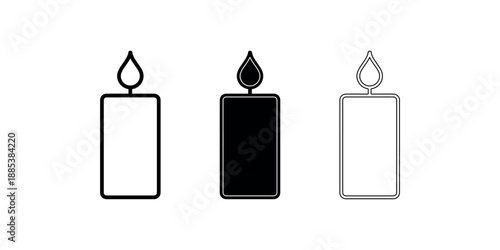 Burning candle outline icon set with fire flame and wax body designs representing light and relaxation for spa or memorial concepts on white background