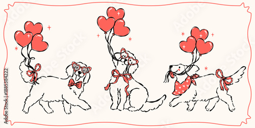 Whimsical Coquette Valentine Golden Retriever Dog with Heart Balloons Outline Line Art Hand Drawn Set