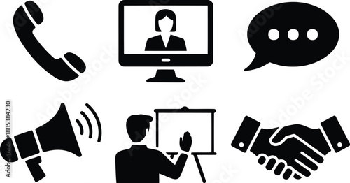 A collection of essential black outline icons representing various business communication methods and interactions