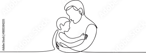 Continuous line drawing of a person holding a baby close, a tender moment between adult and child in simple minimalist style