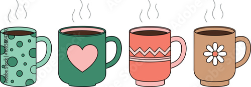 Set of colorful decorative coffee mugs with heart, floral, polka dots and zigzag patterns