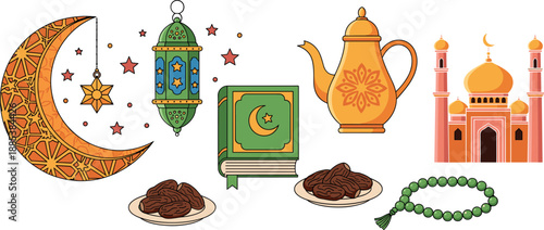 Set of Ramadan Kareem and Eid Mubarak elements with crescent moon, lantern, Quran, dates and mosque