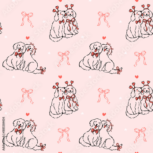 Whimsical Coquette Valentine Seamless Pattern Golden Retriever Dog Couple Outline Line Art Hand Drawn
