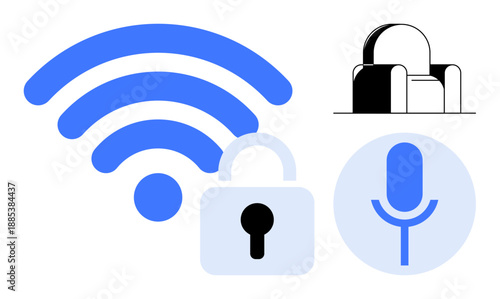 Wireless technology, cybersecurity, smart devices, IoT, voice recognition, privacy protection. wireless signal, padlock and microphone symbols. Wireless technology and cybersecurity illustration
