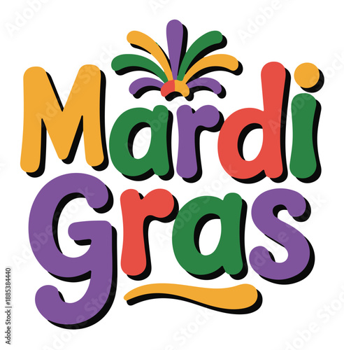 Mardi Gras Colorful Text with Fireworks Vector on a White Background