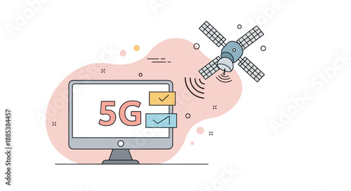 Illustration of a desktop monitor displaying 5G near a transmitting satellite