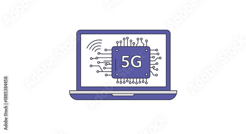 Illustration of a laptop screen showing a 5G chip with circuitry and wireless signal