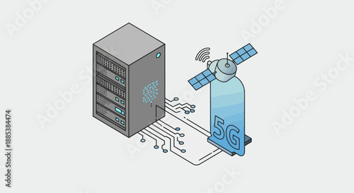 Isometric illustration of a server rack connected to a satellite transmitting 5G signals