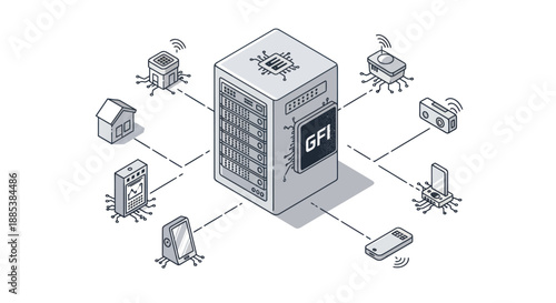 Isometric illustration of a server rack labeled GFI connected to various smart devices