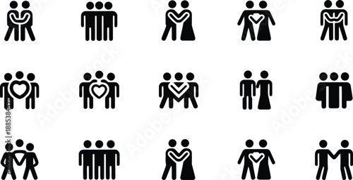 A collection of fifteen black people icons illustrating relationships, love, marriage, and community on white