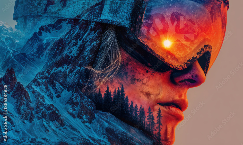 Fototapeta premium Double exposure of winter mountain landscape and athlete wearing ski goggles reflecting sunset and 2026 text symbolizing countdown to Milano Cortina Winter Olympics