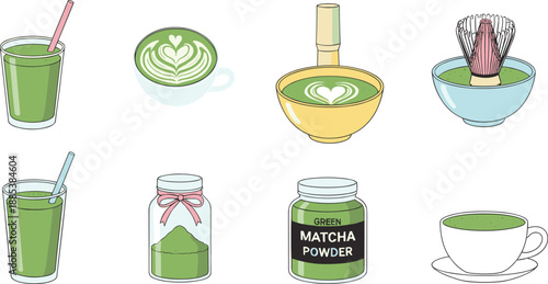 Vector illustration set of matcha green tea drinks, matcha latte art, and green matcha powder jars