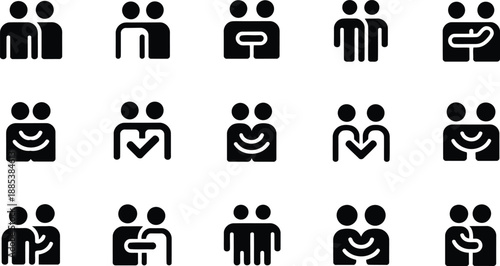 A collection of fifteen black simple silhouette icons depicting two people interacting on a white background