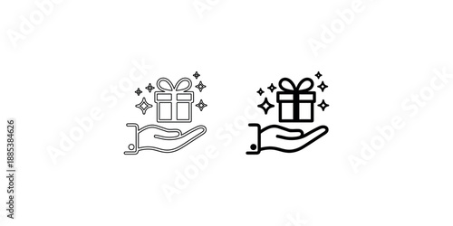 Hand holding gift box with magic stars icons set for rewards bonus loyalty programs holiday celebrations and surprise present concepts for commerce use