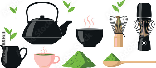 Vector illustration set of matcha tea ceremony elements with teapot, bamboo whisk, and green tea powder