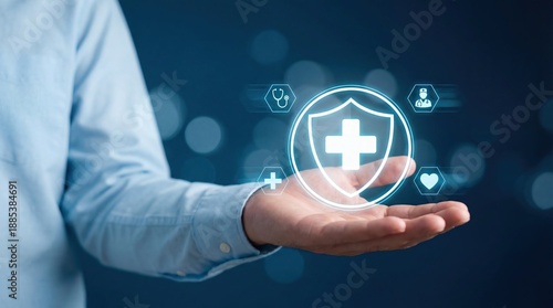 Businessman hand holding glowing digital shield icon with medical cross symbol representing health insurance protection security and healthcare service concept against dark blue bokeh background