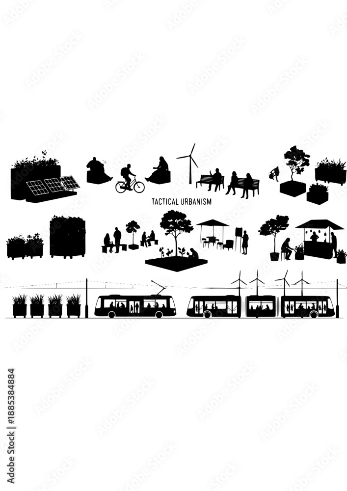 Obraz premium Urban Heat Adaptation Silhouette, Misting Station for Climate Change, Sustainable City Cooling and Future Public Wellness Vector Art