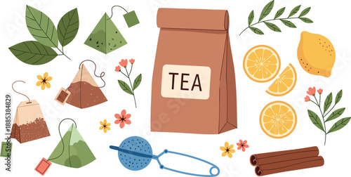 Vector illustration set of tea brewing elements with tea bags, loose leaf package, lemon and cinnamon