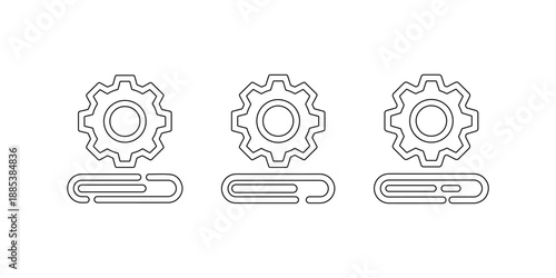 Gear and paperclip icon in black and white line art with three variations showing different styles on a clean white background