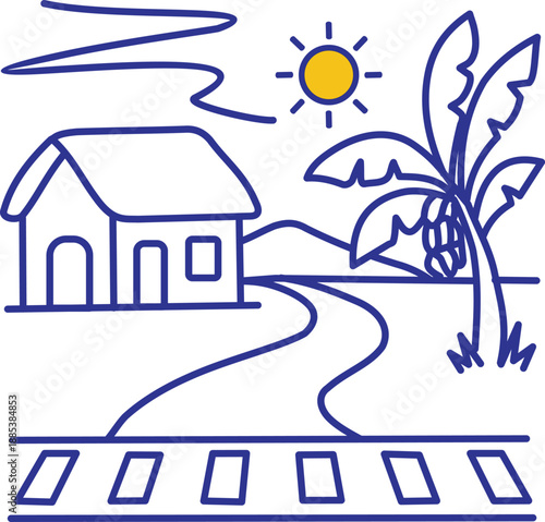 Simple rural landscape illustration with a house, banana tree, winding road, and railway under a sunny sky